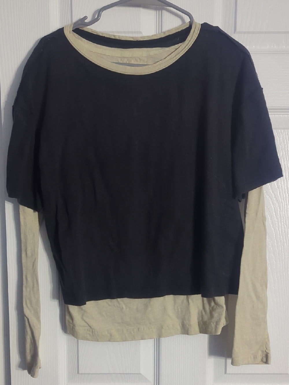 Free People Black Tee with Cream Layered Sleeves